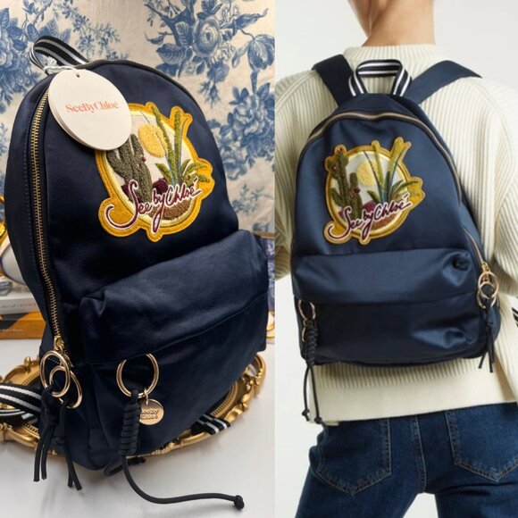 🆕 SEE BY CHLOE 🧿 NWT Cactus and Logo-Embroidered Satin Backpack in Navy - Picture 1 of 15